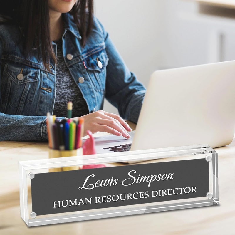 HETOOSHI Name Plate for Desk, Desk Double sided pattern Name Plate Personalized Office Desk Decor for Women and Men, Employee Appreciation Gifts Office Gifts for Boss, Manager, Teacher (transparent) - Image 2